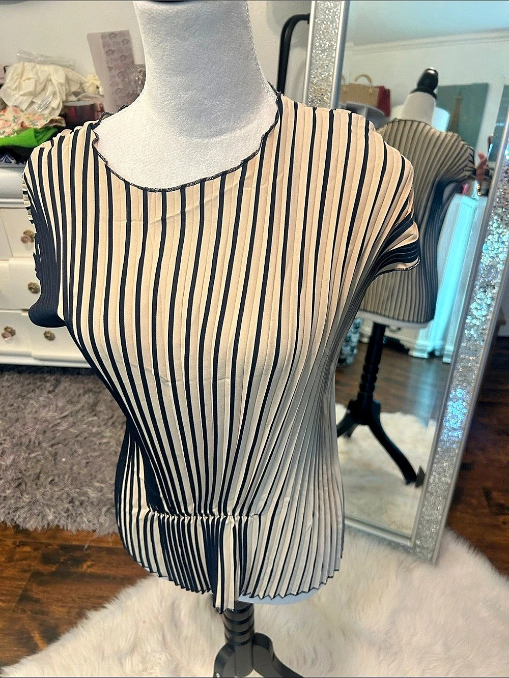 Zara Beige and Navy Pleated Striped Top Blouse Medium